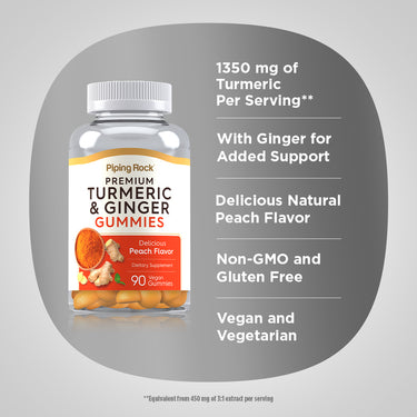 Product highlights graphic stating 1350 mg Turmeric Per Serving, Ginger for support, Natural Peach Flavor, Non-GMO, Gluten Free, Vegan