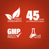 Infographic highlighting the finest ingredients, 45 years of manufacturing excellence, GMP quality, and lab tested assurance.