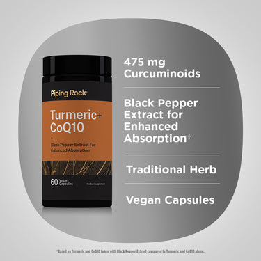 Product highlights graphic stating 475 mg Curcuminoids, Black Pepper Extract for Enhanced Absorption, Traditional Herb, Vegan Capsules.