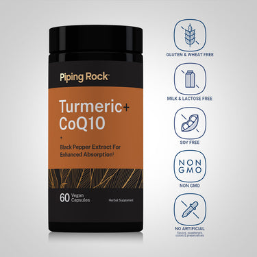 Turmeric CoQ10 bottle with icons indicating Gluten, Wheat, Milk, Lactose, and Soy Free, Non GMO, No Artificial Additives.
