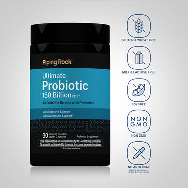 Probiotic bottle with icons indicating: Gluten & Wheat Free, Milk & Lactose Free, Soy Free, Non-GMO, No Artificial Additives.