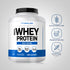 Whey Protein bottle with icons indicating gluten & wheat free, preservatives free, and no artificial flavors, sweeteners, or colors.