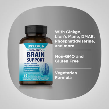 Product highlights graphic stating With Ginkgo, Lion's Mane, DMAE, Phosphatidylserine, Non-GMO, Gluten Free, Vegetarian Formula.