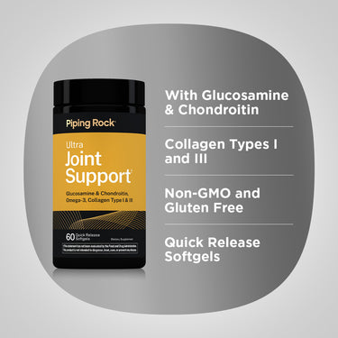 Product highlights graphic stating With Glucosamine & Chondroitin, Collagen Types I and III, Non-GMO and Gluten Free, Quick Release Softgels