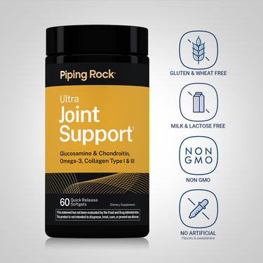 Joint Support bottle with icons indicating Gluten Free, Wheat Free, Milk Free, Lactose Free, Non GMO, No Artificial Flavors/Sweeteners.