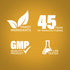 Infographic highlights finest ingredients, 45 years of manufacturing, GMP quality, and lab-tested assurance.