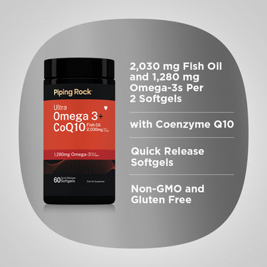Product highlights graphic stating 2,030mg Fish Oil, 1,280mg Omega-3s per 2 Softgels, Coenzyme Q10, Quick Release Softgels, Non-GMO & Gluten Free.