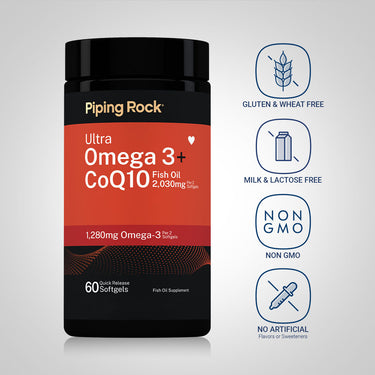 Ultra Omega + CoQ10 bottle with icons indicating Gluten & Wheat Free, Milk & Lactose Free, Non-GMO, No Artificial Flavors/Sweeteners.