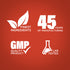 Infographic showing finest ingredients, 45 years of manufacturing, GMP quality product, and lab tested assurance.