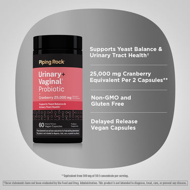 Product highlights graphic stating Supports Yeast Balance & UT Health, 25,000mg Cranberry Eq. / 2 Caps, Non-GMO & GF, DR Vegan Caps.