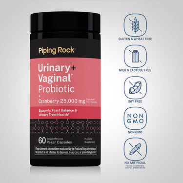 Probiotic bottle with icons indicating Gluten & Wheat Free, Milk & Lactose Free, Soy Free, Non-GMO, No Artificial Flavors or Preservatives.