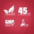 Infographic highlighting finest ingredients, 45 years of manufacturing, GMP quality product, and lab testing for quality assurance.
