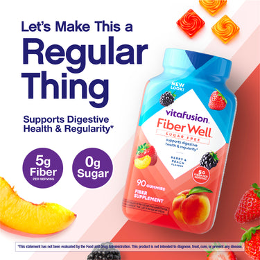 vitafusion Fiber Well Sugar Free Gummy, 90 Count. 5g Fiber, 0g Sugar. Supports Digestive Health & Regularity. Berry & Peach Flavors.