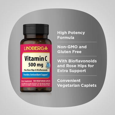 Product highlights graphic stating high potency, non-GMO, gluten-free, bioflavonoids and rose hips for support, vegetarian caplets.