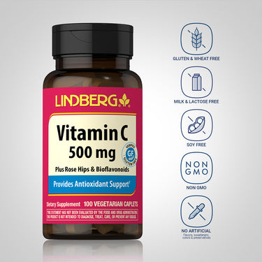 Vitamin C bottle with icons indicating Gluten & Wheat Free, Milk & Lactose Free, Soy Free, Non-GMO, No Artificial Additives.