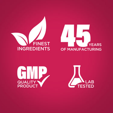 Infographic highlighting finest ingredients, 45 years of manufacturing, GMP quality, and lab-tested products.