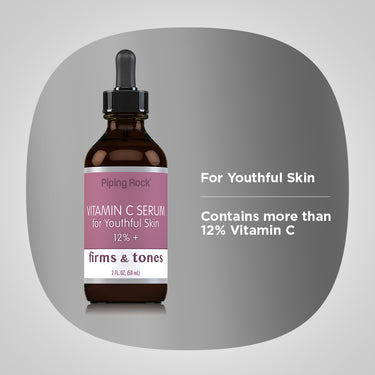 Product highlights graphic stating youthful skin benefits with over 12% Vitamin C to firm and tone.