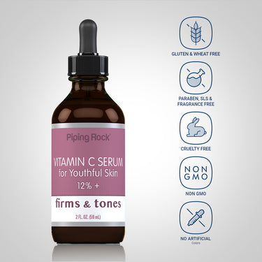 Vitamin C Serum bottle with icons indicating Gluten & Wheat Free, Paraben, SLS & Fragrance Free, Cruelty Free, Non-GMO attributes.