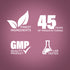 Infographic showing finest ingredients, 45 years of manufacturing, GMP quality, and lab-tested assurance.