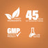 Infographic highlighting finest ingredients, 45 years of manufacturing, GMP quality, and lab-tested assurance.