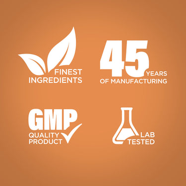 Infographic highlighting finest ingredients, 45 years of manufacturing, GMP quality, and lab-tested assurance.