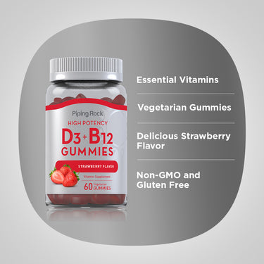 Product highlights graphic stating Essential Vitamins, Vegetarian Gummies, Delicious Strawberry Flavor, Non-GMO and Gluten Free.