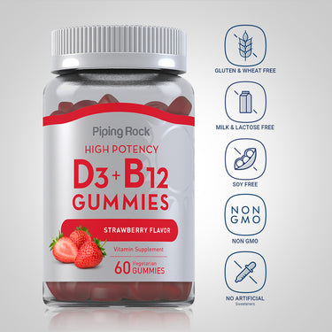 D3+B12 bottle with icons indicating Gluten & Wheat Free, Milk & Lactose Free, Soy Free, Non GMO, No Artificial Sweeteners.