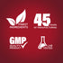 Infographic showing finest ingredients, 45 years of manufacturing, GMP quality product, and lab tested assurance.