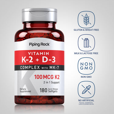 Vitamin K-2 + D-3 Complex bottle with icons indicating Gluten & Wheat Free, Milk & Lactose Free, Non GMO, No Artificial Ingredients.