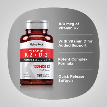 Product highlights graphic stating 100 mcg of Vitamin K2, with Vitamin D for added support, potent complex formula, quick release softgels.