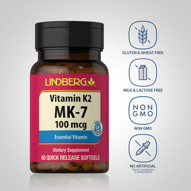 Vitamin K-2 bottle with icons indicating gluten, wheat, milk, lactose free, non-GMO, no artificial flavors, sweeteners, preservatives.