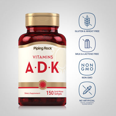 ADK bottle with icons indicating Gluten & Wheat Free, Milk & Lactose Free, Non GMO, No Artificial Flavors, Sweeteners, Preservatives.
