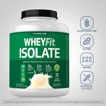 WheyFit Isolate bottle with icons indicating gluten, wheat, and soy-free, non-GMO, no artificial flavors, sweeteners, or colors.