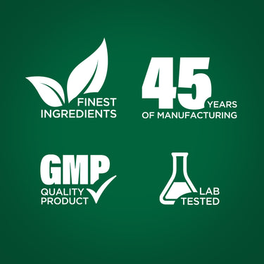 Infographic highlights finest ingredients, 45 years of manufacturing experience, GMP quality, and lab tested assurance.