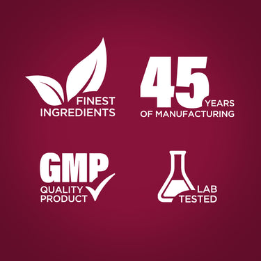 Infographic showcasing: Finest ingredients, 45 years of manufacturing, GMP quality product, lab tested.