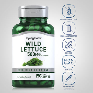 Wild Lettuce bottle with icons indicating Gluten, Wheat, Milk, Lactose, Soy Free, Non-GMO, No Artificial Flavors, Sweeteners, Colors.