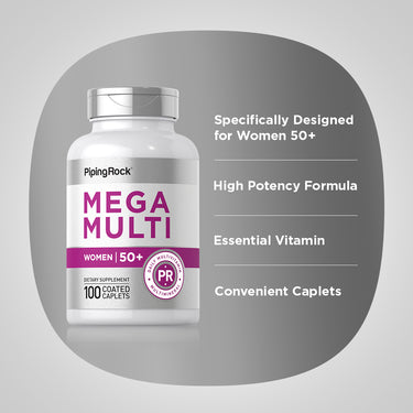 Product highlights graphic stating Specifically Designed for Women 50+, High Potency Formula, Essential Vitamins, Convenient Caplets.