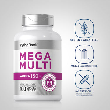 Women's Multi 50+ bottle with icons indicating Gluten & Wheat Free, Milk & Lactose Free, No Artificial Flavors or Preservatives.