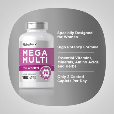 Product highlights graphic stating Specially Designed for Women, High Potency Formula, Essential Vitamins, Minerals, Amino Acids, and Herbs, Only 2 Coated Caplets Per Day