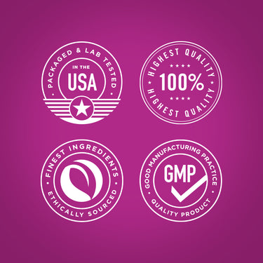 Infographic stating product is packaged and lab-tested, made in USA, highest quality, finest ingredients, ethically sourced, GMP certified.