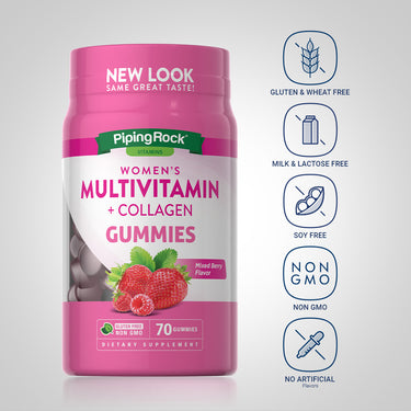 Women's Multivitamin bottle with icons indicating gluten free, lactose free, soy free, non-GMO, and no artificial flavors.