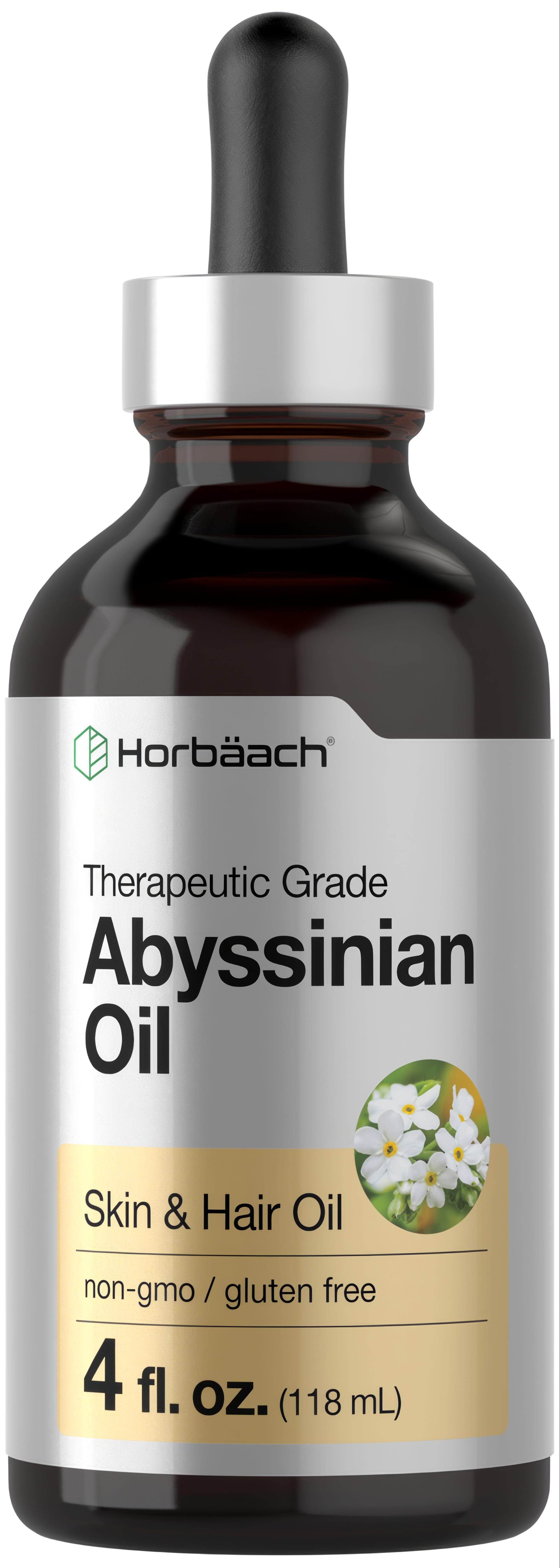 Horbaach Abyssinian Oil for skin and hair, therapeutic grade, non-GMO, gluten-free, in a 4 fl. oz. (118 mL) bottle.