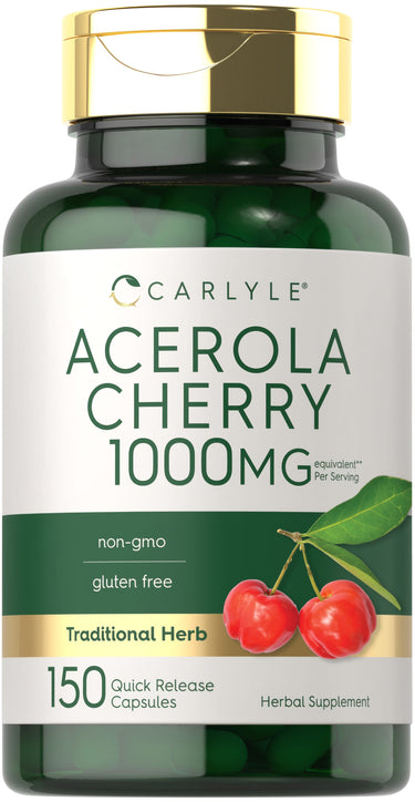 Carlyle Acerola Cherry 1000 mg in a bottle of 150 capsules, featuring quick release for easy absorption.