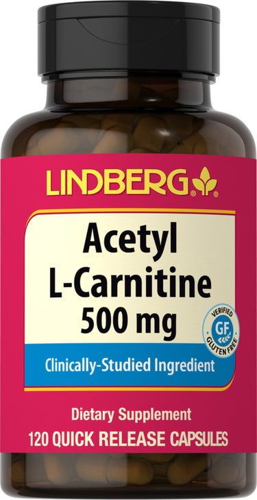 Acetyl L-Carnitine 500 mg dietary supplement with 120 quick release capsules, verified gluten free.