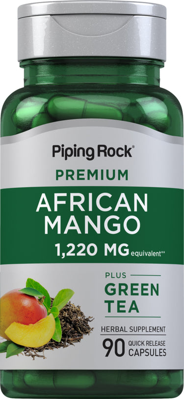 African Mango and Green Tea Herbal Supplement with 1,220 MG equivalent, 90 quick-release capsules.