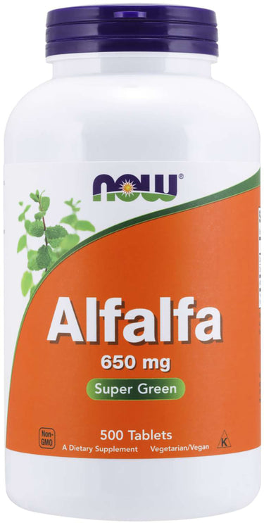 NOW Alfalfa 650 mg Super Green, 500 Tablets. Non-GMO, suitable for Vegetarian/Vegan diets, and Kosher certified.