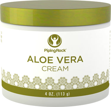 Aloe Vera Cream jar, 4 OZ (113 g), on a display, featuring natural moisturizing properties and healing benefits for skin care.