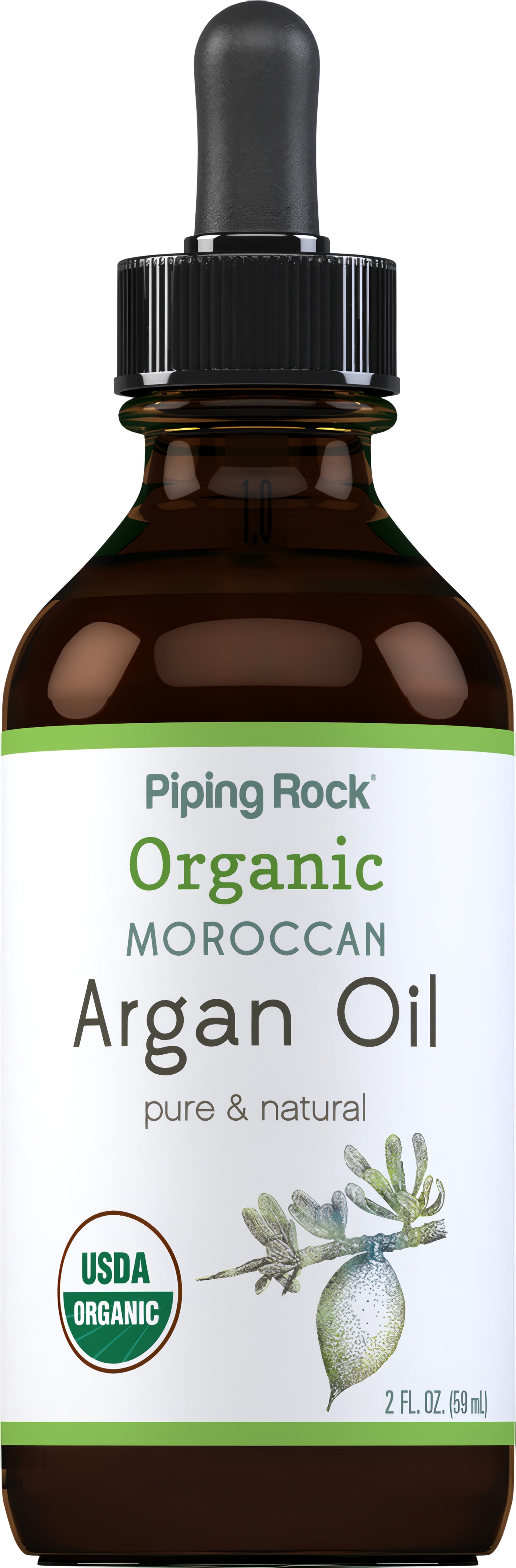 Bottle of organic Moroccan Argan Oil, pure and natural, 2 FL. OZ. (59 mL) with USDA ORGANIC seal.