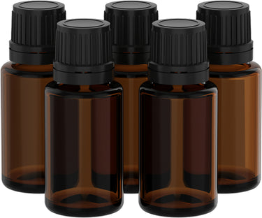 5-pack of 15 mL glass bottles for aromatherapy.