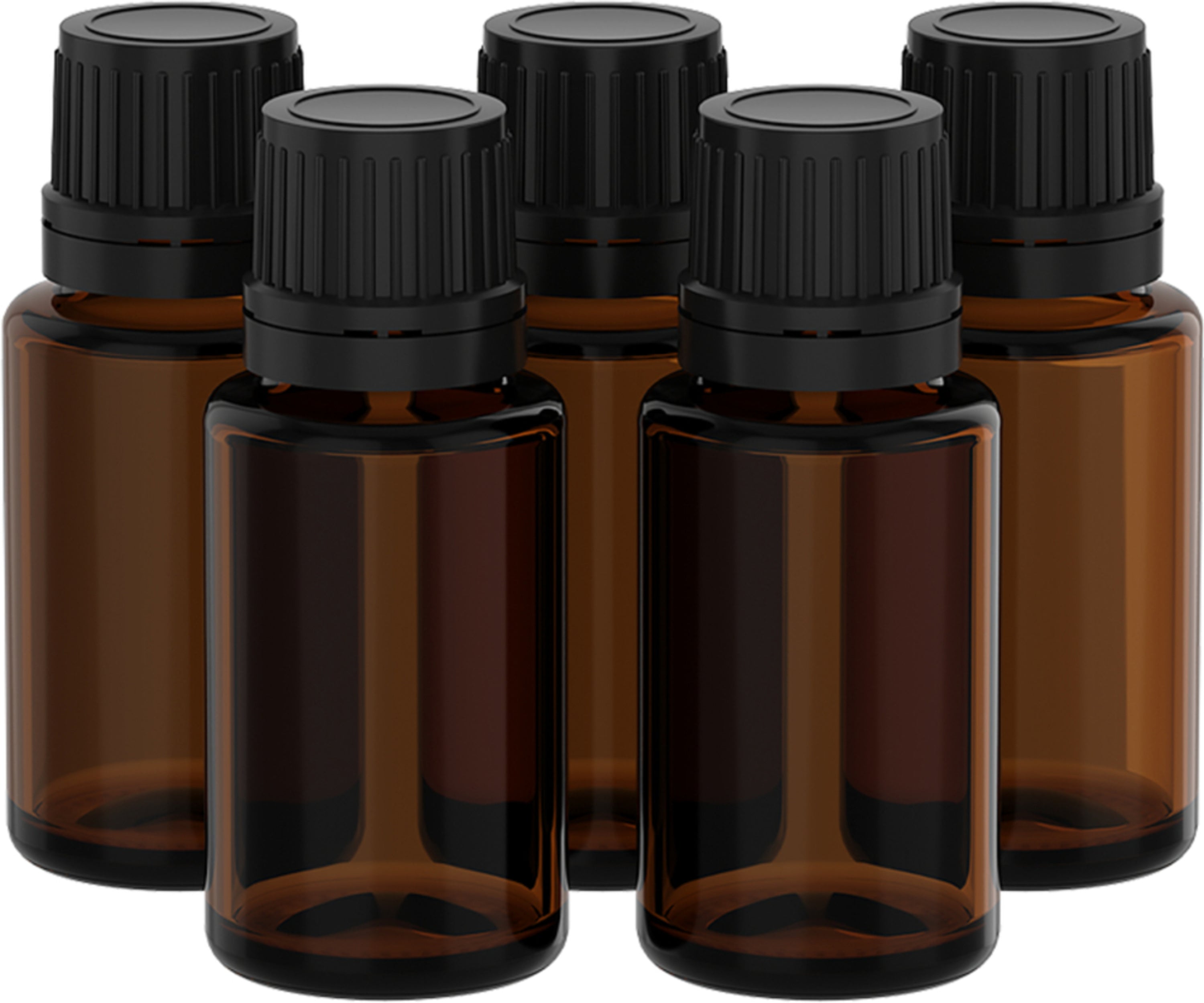 5-pack of 15 mL glass bottles for aromatherapy.